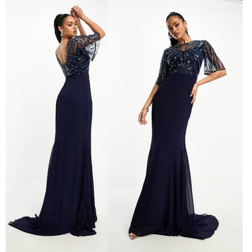 Virgos‎ Lounge Embellished Flutter Sleeve Maxi Navy Dress Sz 14 Flowy Gown Fairy